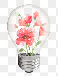 Watercolor flower png light bulb sticker, pink aesthetic illustration, transparent background