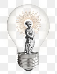 Greek woman png, nude statue sticker, light bulb creative remix on transparent background