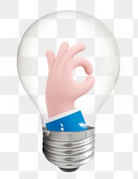 Okay hand png sticker, light bulb 3D creative remix on transparent background