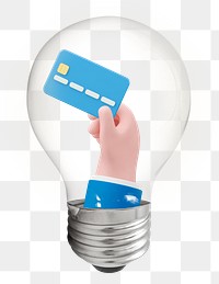 Png hand holding credit card sticker, 3D light bulb art on transparent background