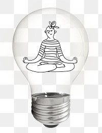 Woman meditating png doodle sticker, light bulb wellness creative illustration on transparent background