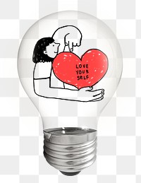 Love Yourself png doodle sticker, light bulb self-love creative illustration on transparent background