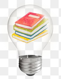 Watercolor books png sticker, light bulb stationery creative illustration on transparent background