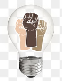 Raised diverse fists png sticker, light bulb BLM support campaign on transparent background
