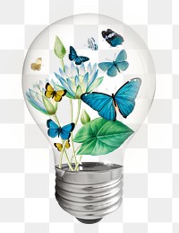 Spring flowers png light bulb, blue botanical graphic on transparent background