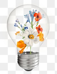 Spring flowers png light bulb, vintage botanical illustration on transparent background