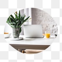 Minimal workstation png badge sticker, laptop, houseplant photo in blob shape, transparent background