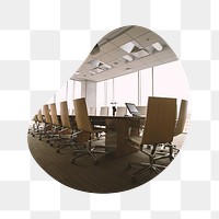 Business meeting room png badge sticker, office interior photo in blob shape, transparent background