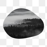 Foggy forest png badge sticker, nature photo in blob shape, transparent background