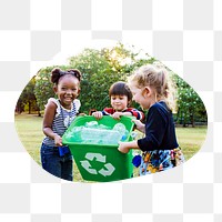 Kids recycling png rubbish badge sticker, environment photo in blob shape, transparent background