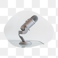 Microphone on table png badge sticker, podcast photo in blob shape, transparent background