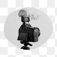 DSLR camera with mic badge sticker, media photo in blob shape, transparent background