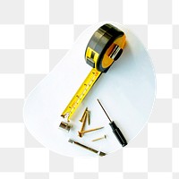 Measuring tape png badge sticker, technical tools photo in blob shape, transparent background