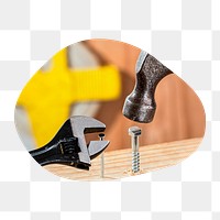 Technical tools png badge sticker, wrench, hammer photo in blob shape, transparent background