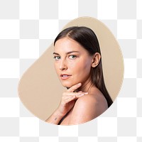 Brunette woman png portrait badge sticker, natural beauty photo in blob shape, transparent background