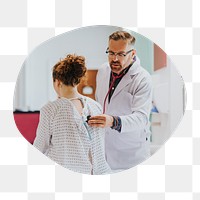 Png doctor diagnosing patient badge sticker, medical photo in blob shape, transparent background