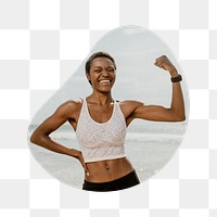 Healthy woman png flexing muscle badge sticker, wellness photo in blob shape, transparent background