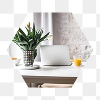 Minimal workstation png badge sticker, laptop, houseplant photo in hexagon shape, transparent background