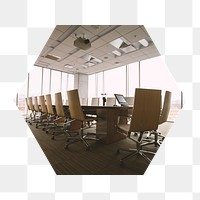 Business meeting room png badge sticker, office interior photo in hexagon shape, transparent background