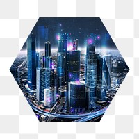 Smart city png badge sticker, futuristic technology remixed media photo  in hexagon shape, transparent background