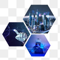 Futuristic technology png badge sticker, smart city, AI, VR remixed media photo in hexagon shape, transparent background