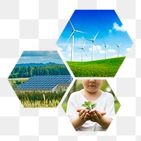 Renewable energy png badge sticker, sustainable environment photo in hexagon shape, transparent background