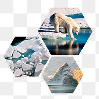 Melting ocean png badge sticker, global warming photo in hexagon shape, transparent background