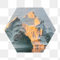 Melting iceberg png badge sticker, climate change photo in hexagon shape, transparent background