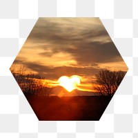 Heart sunset png sky badge sticker, nature photo in hexagon shape, transparent background