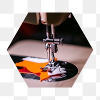 Fashion designer png job badge sticker, sewing machine photo in hexagon shape, transparent background