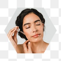 Png woman applying serum badge sticker, skincare routine photo in hexagon shape, transparent background