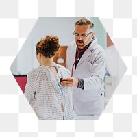 Png doctor diagnosing patient badge sticker, medical photo in hexagon shape, transparent background