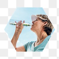 Png senior woman drinking water badge sticker, wellness photo in hexagon shape, transparent background