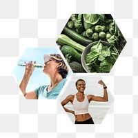 Healthy diet png aesthetic badge sticker, wellness photo in hexagon shape, transparent background