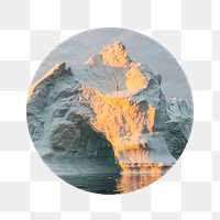 Melting iceberg png badge sticker, climate change photo, transparent background