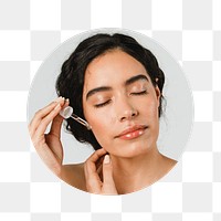 Png woman applying serum badge sticker, skincare routine photo, transparent background