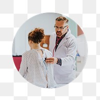 Png doctor diagnosing patient badge sticker, medical photo, transparent background