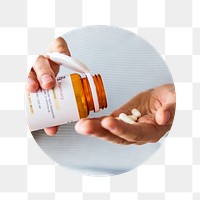 Png hand pouring pills badge sticker, medical photo, transparent background