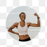 Healthy woman png flexing muscle badge sticker, wellness photo, transparent background