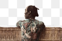 PNG tattooed Japanese man border, ripped paper texture, transparent background
