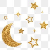 Aesthetic moon png sticker, metallic stars in gold, transparent background