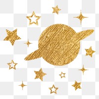 Aesthetic Saturn png sticker, metallic stars in gold, transparent background