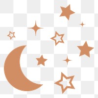 Moon, space png sticker, brown stars in flat design, transparent background