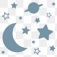 Moon, space png sticker, blue stars in flat design, transparent background