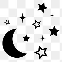 Moon, galaxy png sticker, black stars in flat design, transparent background