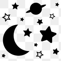 Moon, galaxy png sticker, black stars in flat design, transparent background