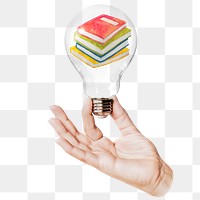 Stacked books png sticker, hand holding light bulb in education concept, transparent background
