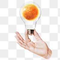 Sun planet png sticker, hand holding light bulb in galaxy concept, transparent background