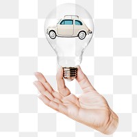 Classic car png sticker, hand holding light bulb in vintage vehicle concept, transparent background