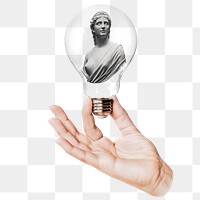 Artemis goddess png statue sticker, hand holding light bulb in Greek mythology concept, transparent background